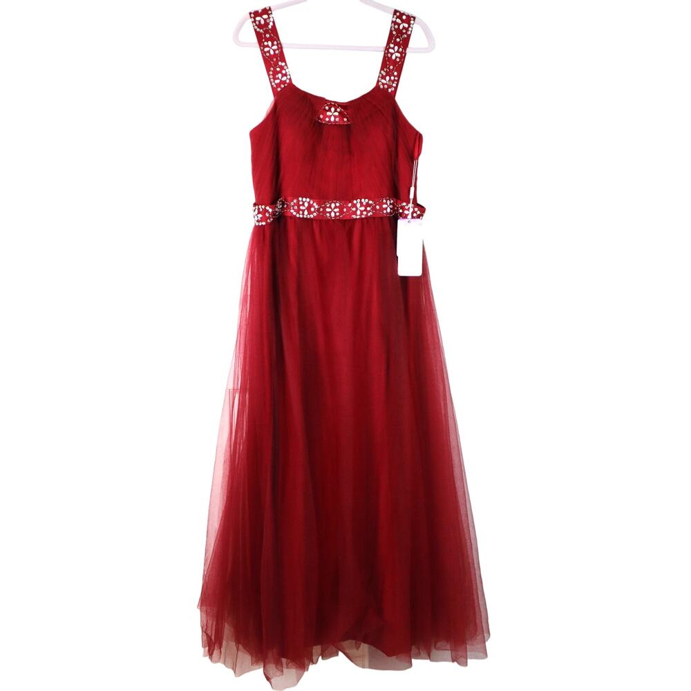 JJs House Wine Red Dress Burgundy Maroon ALine Tulle rhinestone sequin 14